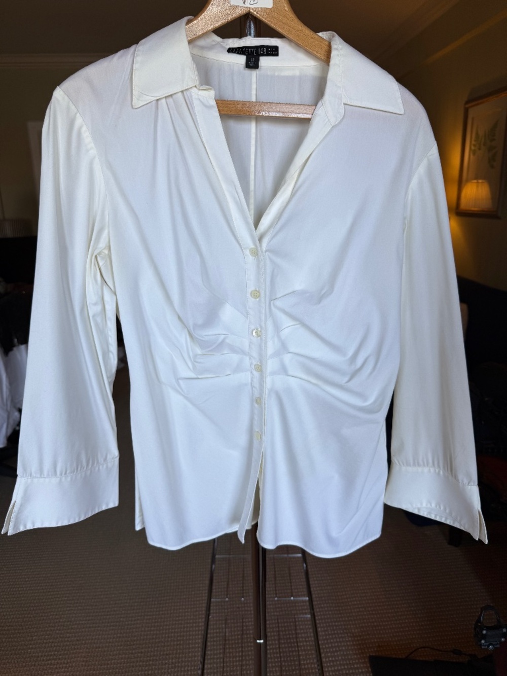 Lafayette 148 White Stretch Cotton Blouse - Ruched Front & Flared Cuffs